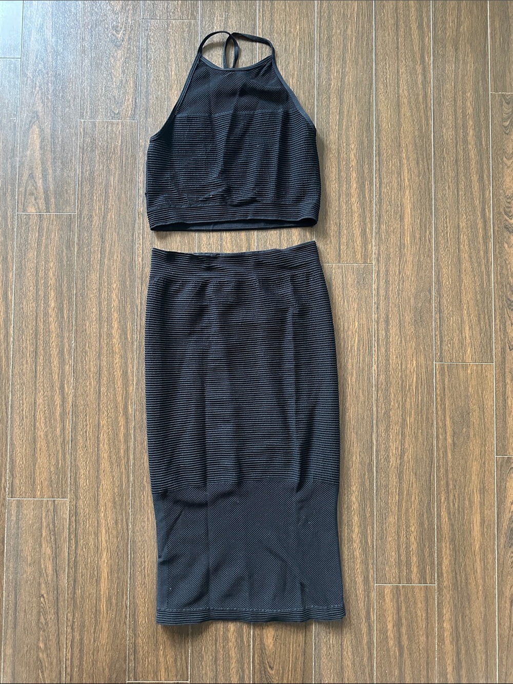 BCBGeneration Black Ribbed Knit Two-Piece Midi Skirt Set